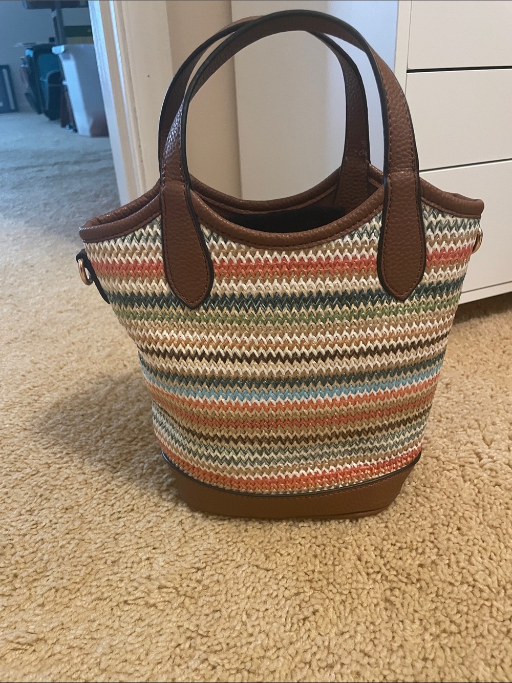 Multicolor Woven Tote with Brown Trim